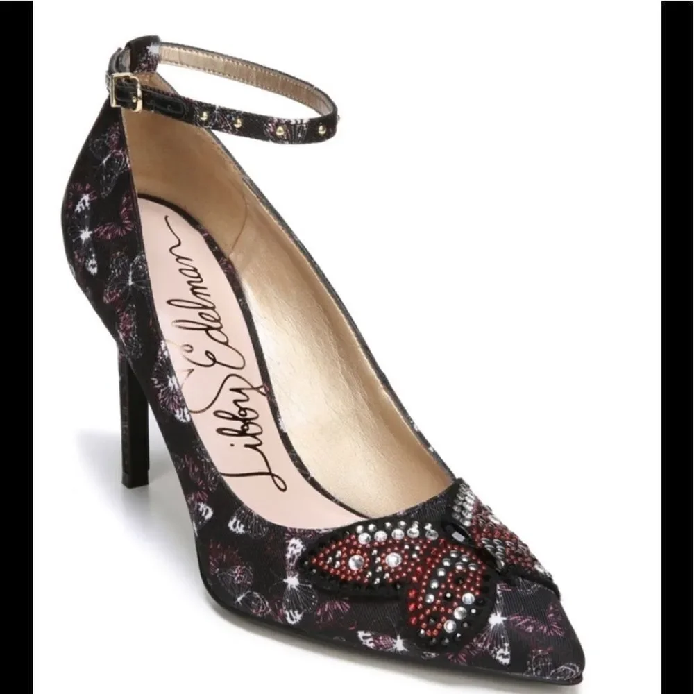 LIBBY EDELMAN Holly Butterfly Rhinestone Black Heel Pumps size 8 - Picture 6 of 14